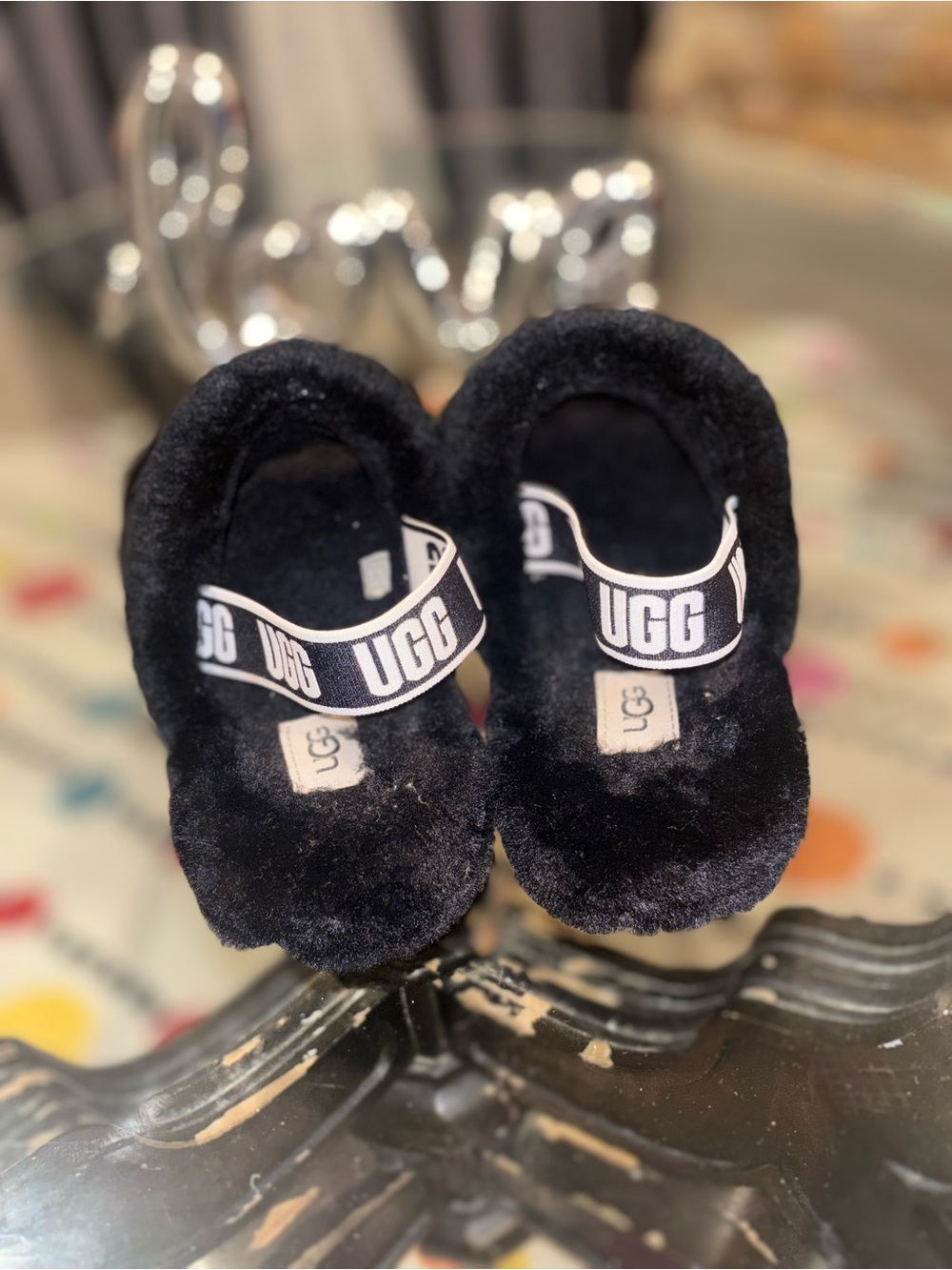 UGG Black Plush Slide Slippers with Branded Elastic Heel Strap